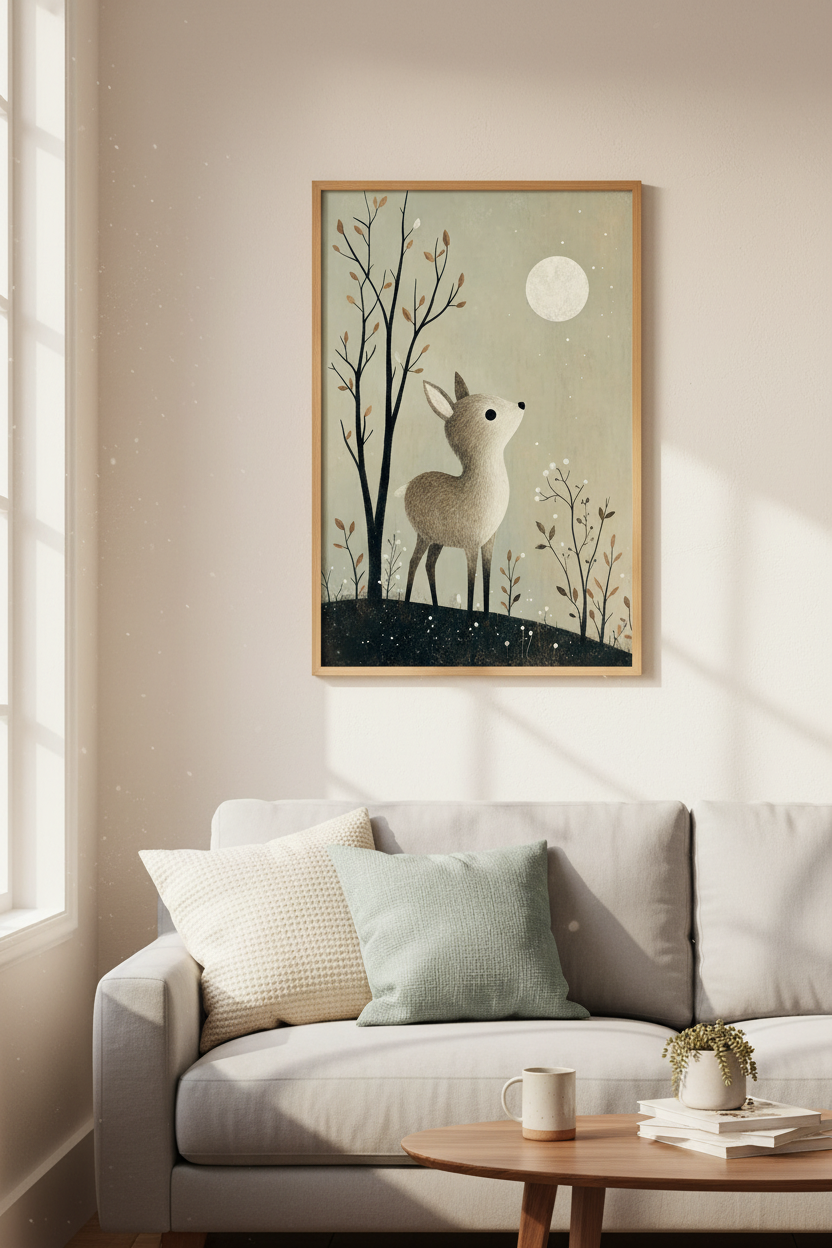 Whimsical Fawn &amp; Moon Art | Sage Green Nursery Decor, Woodland Deer Poster