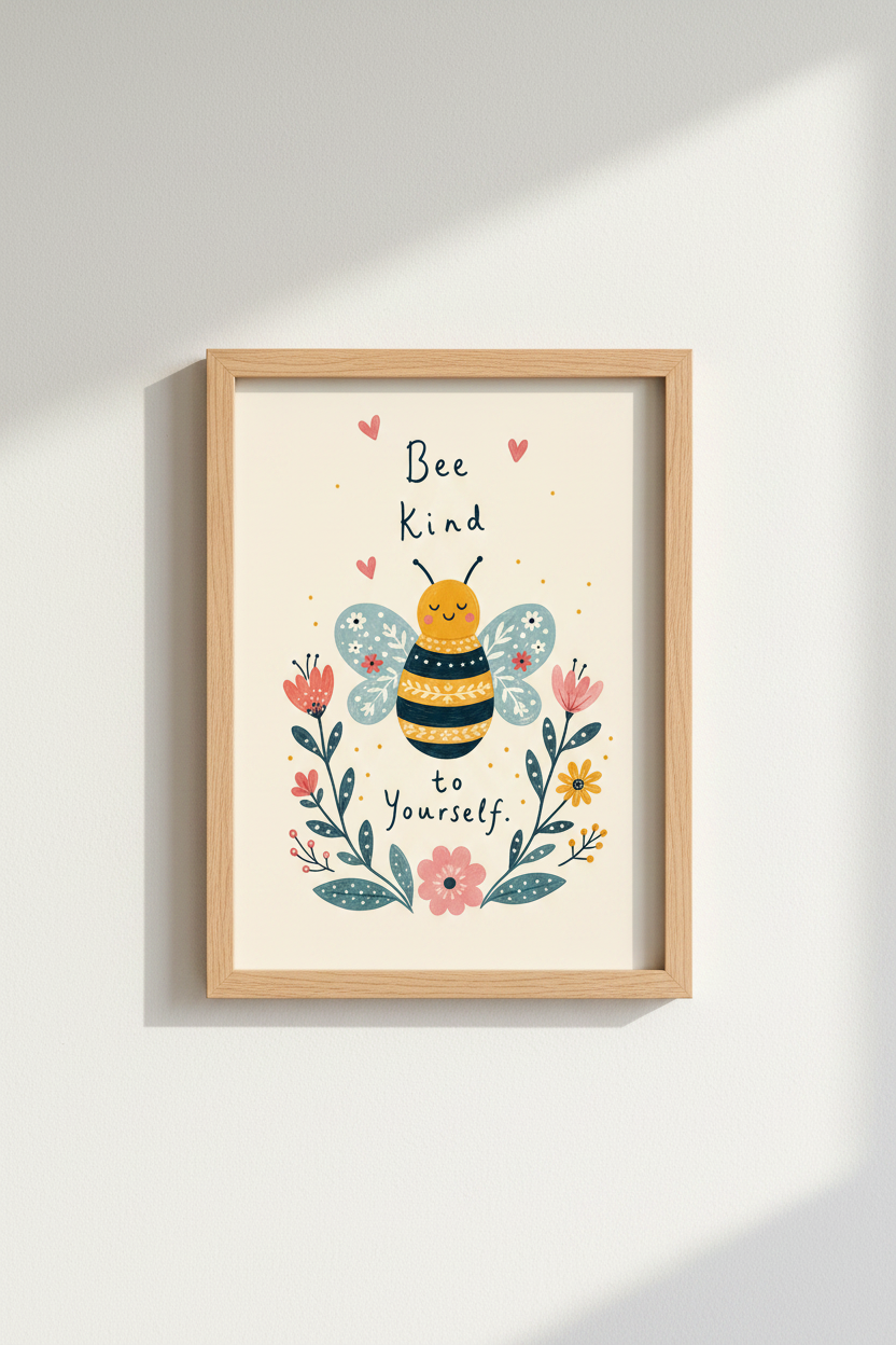 Bee Kind Wall Art Print | Cute Bumblebee Nursery Decor | Whimsical Floral Poster