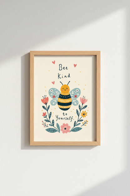 Bee Kind Wall Art Print | Cute Bumblebee Nursery Decor | Whimsical Floral Poster