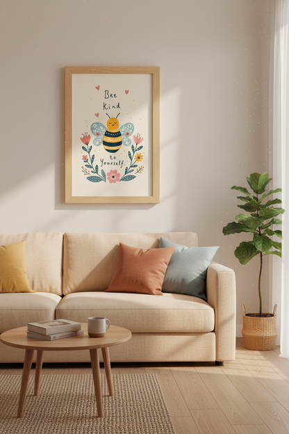 Bee Kind Wall Art Print | Cute Bumblebee Nursery Decor | Whimsical Floral Poster