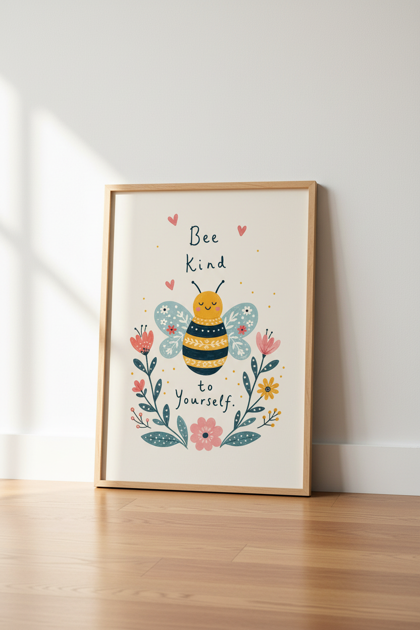 Bee Kind Wall Art Print | Cute Bumblebee Nursery Decor | Whimsical Floral Poster