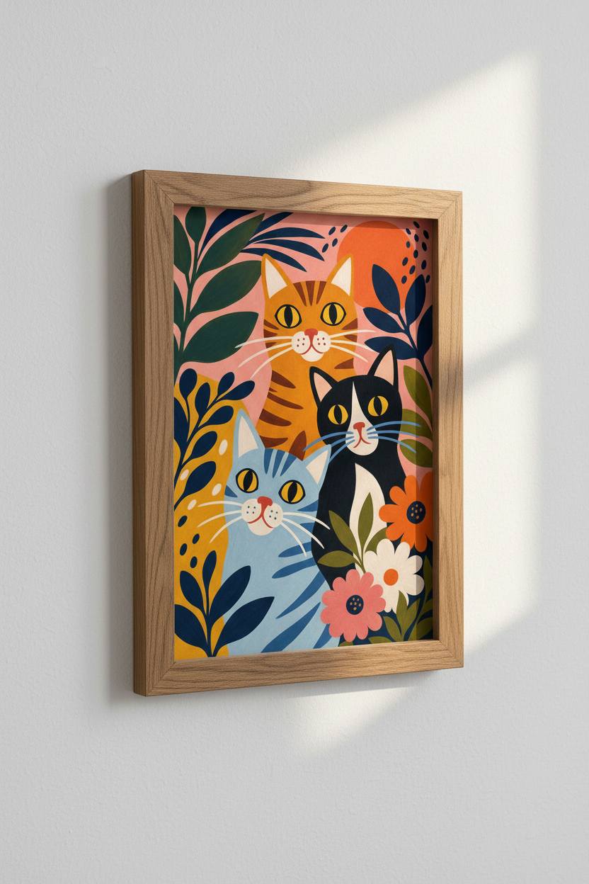 Folk Art Colorful Cats Wall Art Print | Playful Nursery Decor | Whimsical Poster