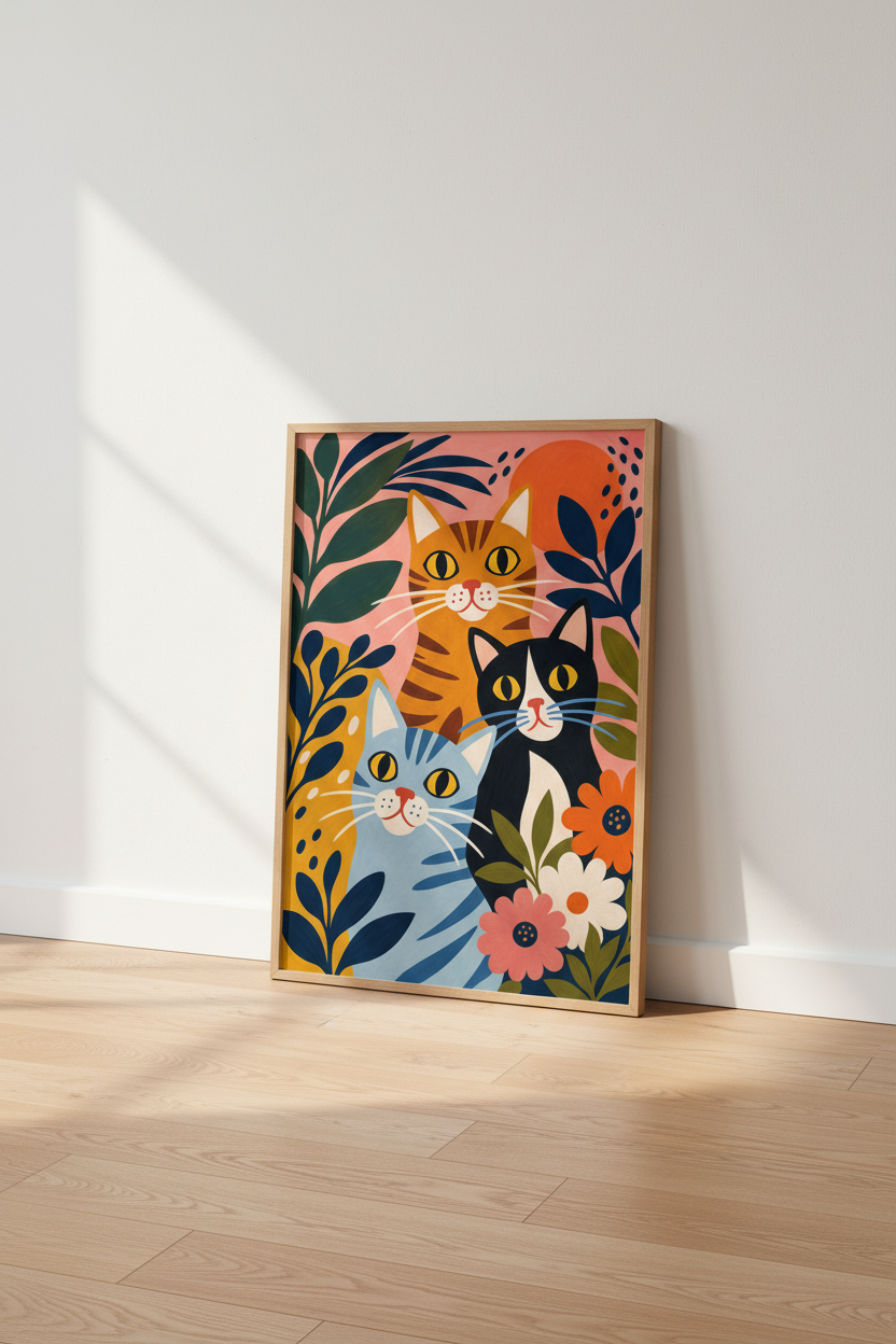 Folk Art Colorful Cats Wall Art Print | Playful Nursery Decor | Whimsical Poster