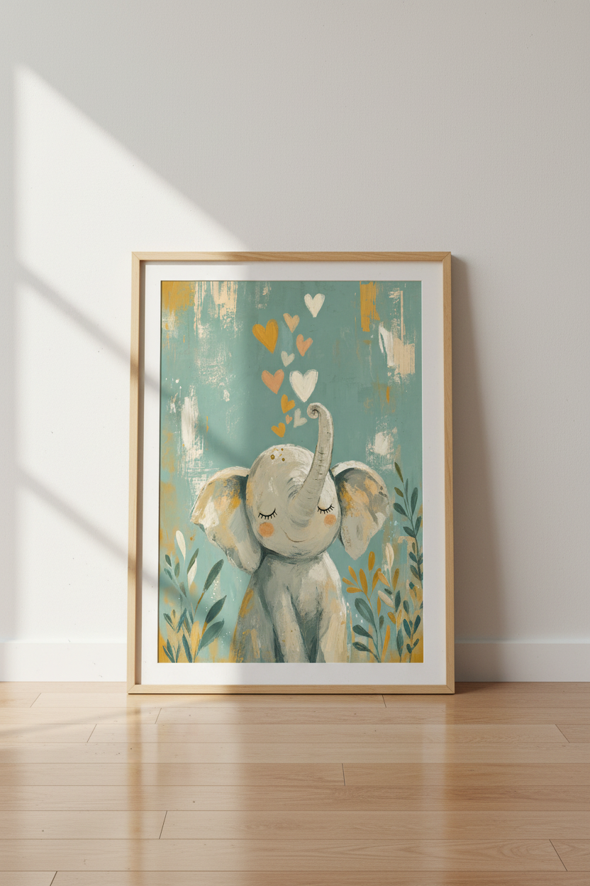 Baby Elephant Hearts Wall Art | Sage Green Nursery Decor | Boho Animal Poster