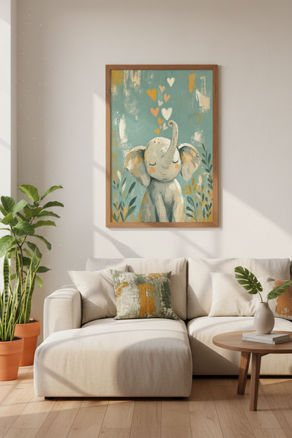 Baby Elephant Hearts Wall Art | Sage Green Nursery Decor | Boho Animal Poster