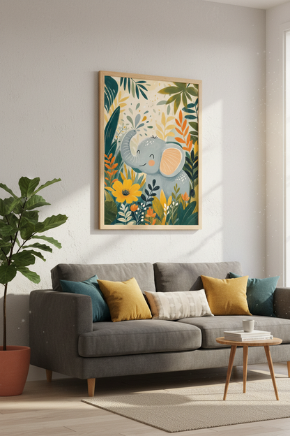 Cute Elephant Jungle Wall Art | Nursery Decor | Safari Animal Poster