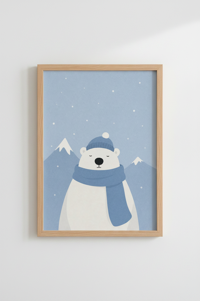 Polar Bear Wall Art | Blue Arctic Nursery Decor | Cute Winter Animal Poster