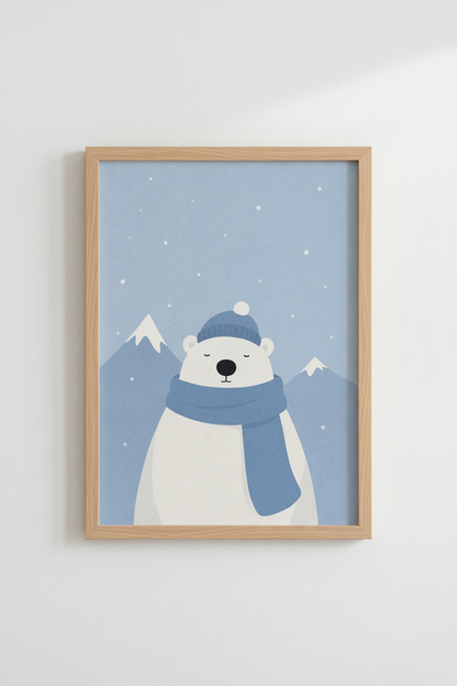 Polar Bear Wall Art | Blue Arctic Nursery Decor | Cute Winter Animal Poster