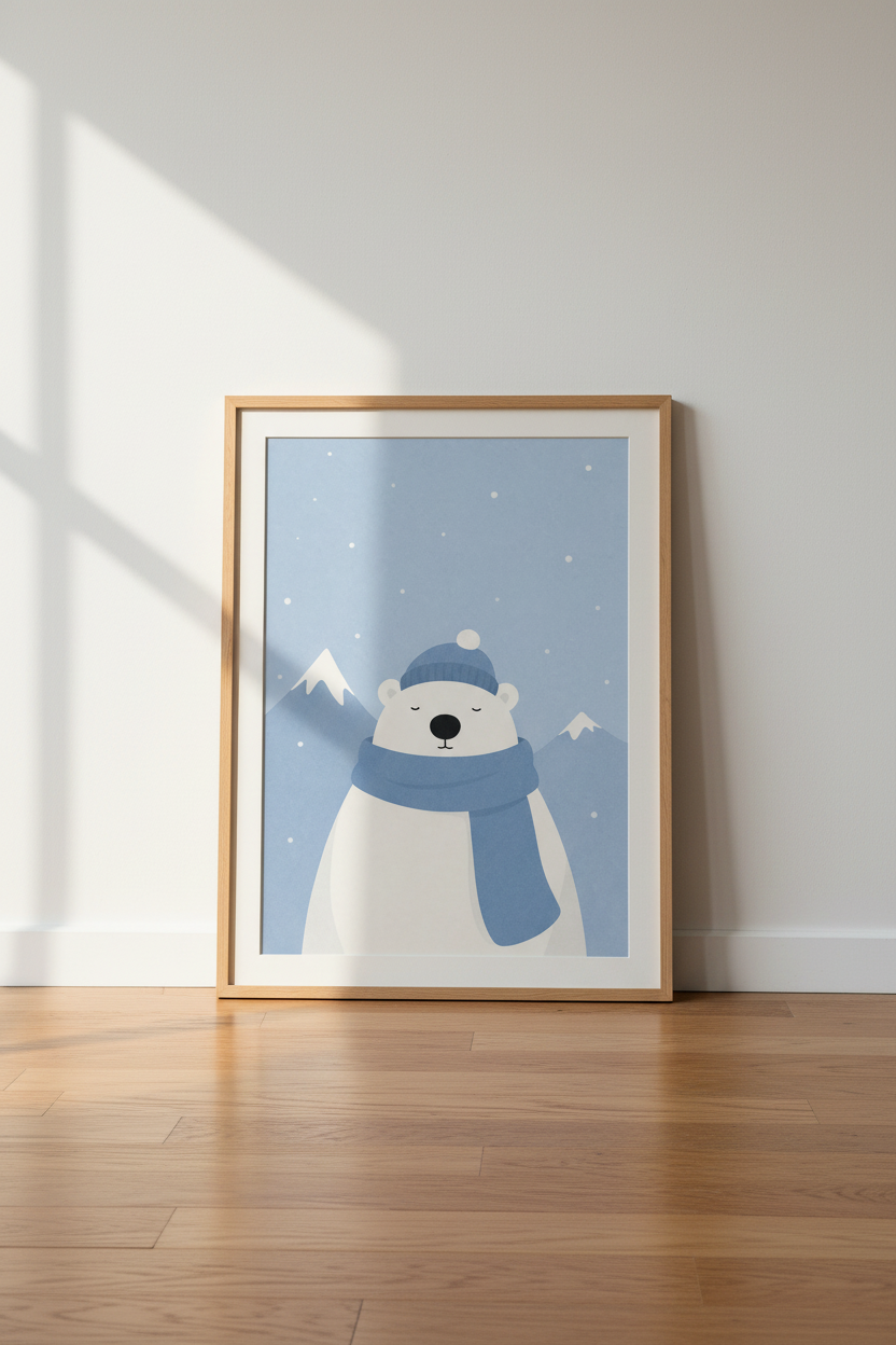 Polar Bear Wall Art | Blue Arctic Nursery Decor | Cute Winter Animal Poster