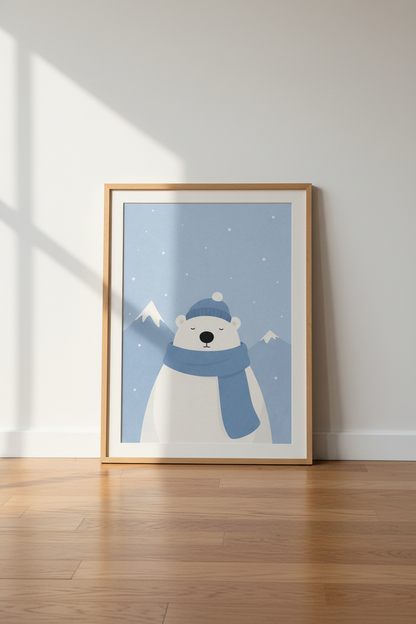 Polar Bear Wall Art | Blue Arctic Nursery Decor | Cute Winter Animal Poster