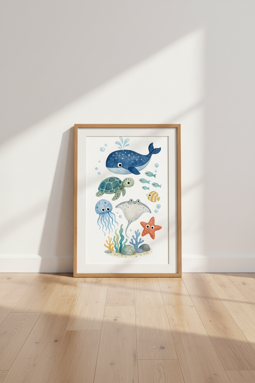 Watercolor Ocean Animals Wall Art | Nursery Decor | Whale Sea Turtle Poster