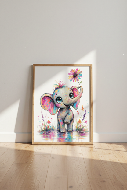Baby Elephant Wall Art | Colorful Nursery Decor | Whimsical Animal Poster
