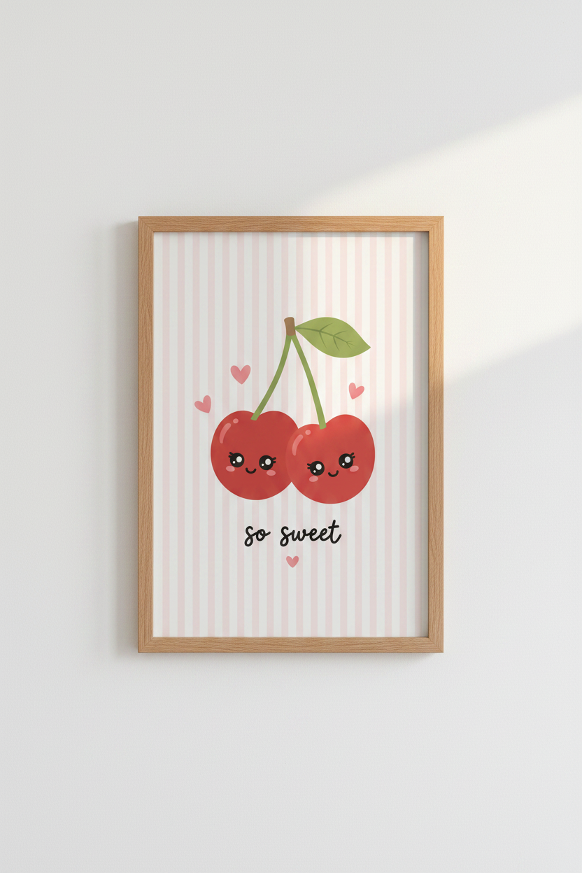 Kawaii Cherry Wall Art | Cute Pastel Pink Nursery Decor | So Sweet Poster