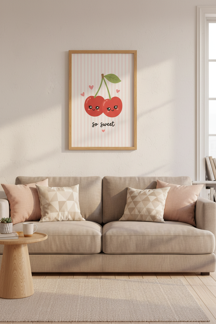 Kawaii Cherry Wall Art | Cute Pastel Pink Nursery Decor | So Sweet Poster