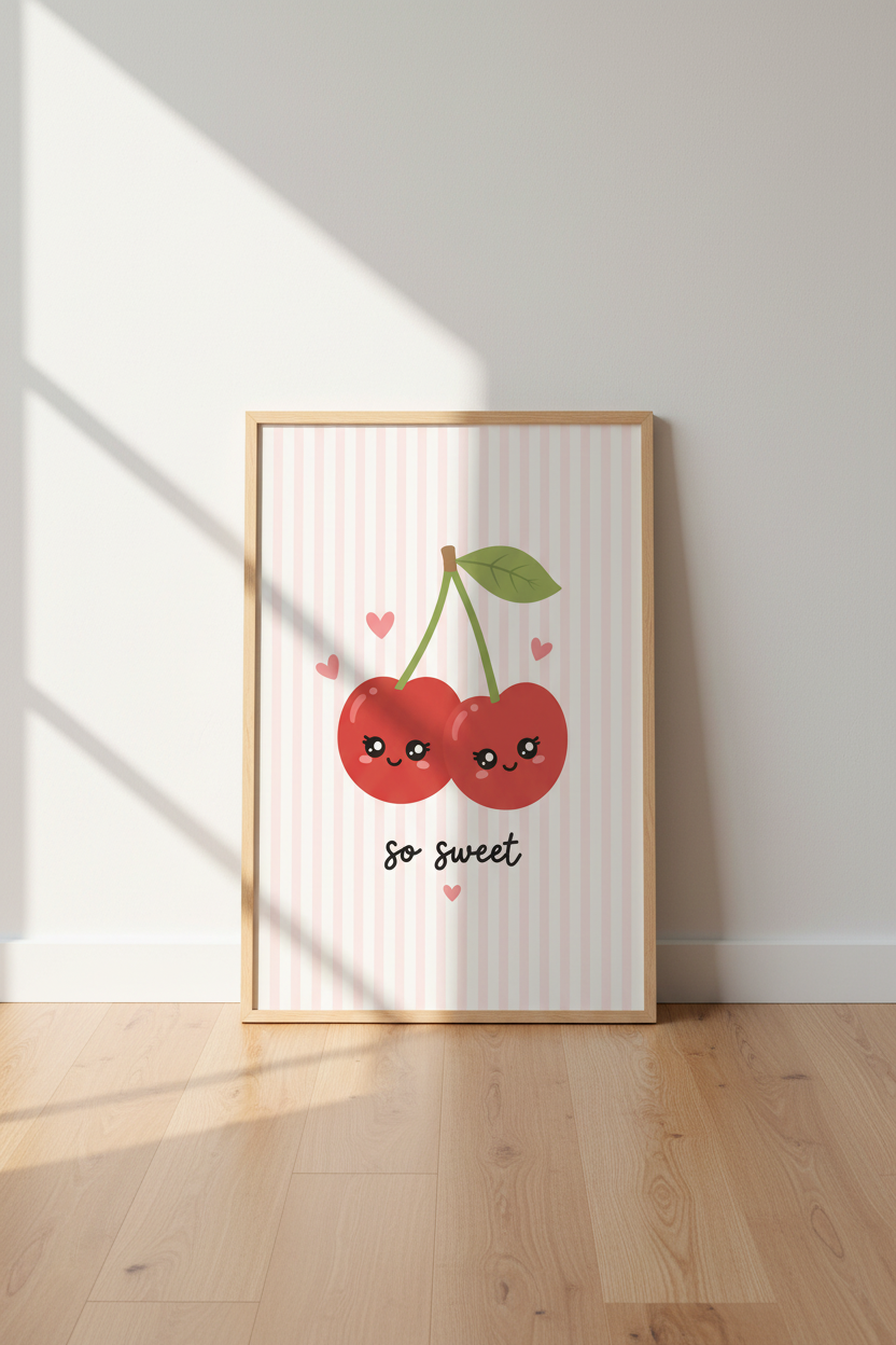 Kawaii Cherry Wall Art | Cute Pastel Pink Nursery Decor | So Sweet Poster