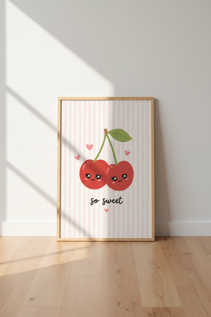 Kawaii Cherry Wall Art | Cute Pastel Pink Nursery Decor | So Sweet Poster