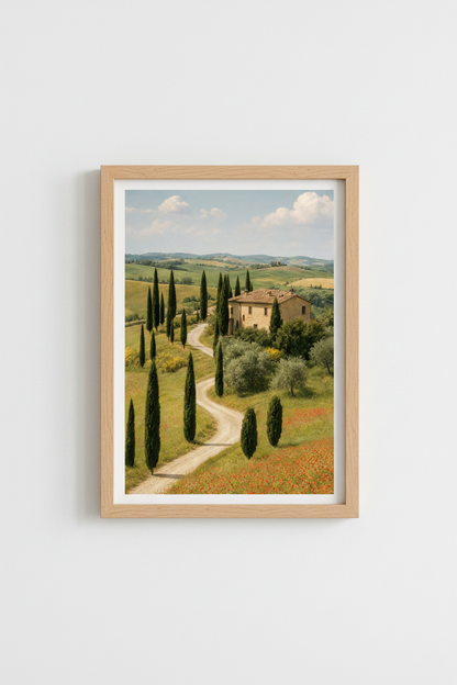 Tuscan wall art | Rustic countryside tones, sunlit hills | Living room decor