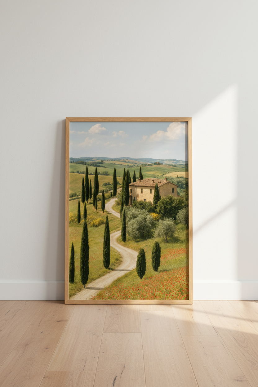 Tuscan wall art | Rustic countryside tones, sunlit hills | Living room decor