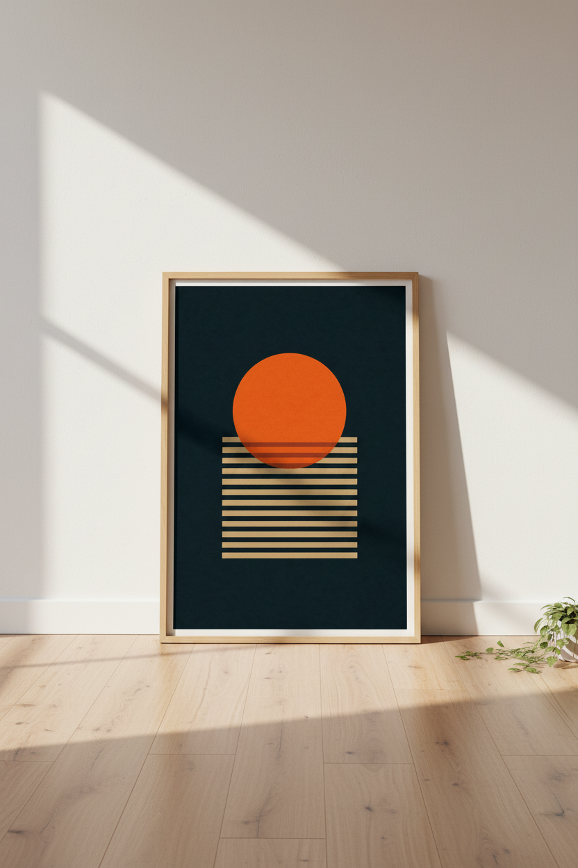 Abstract Geo Sun Wall Art Print | Navy &amp; Orange Mid Century Decor | Minimalist Poster