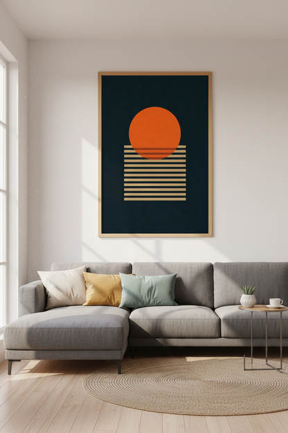 Abstract Geo Sun Wall Art Print | Navy &amp; Orange Mid Century Decor | Minimalist Poster