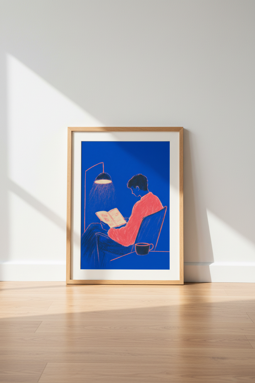 Reading Man Wall Art Print | Blue &amp; Pink Minimalist Decor | Book Lover Poster