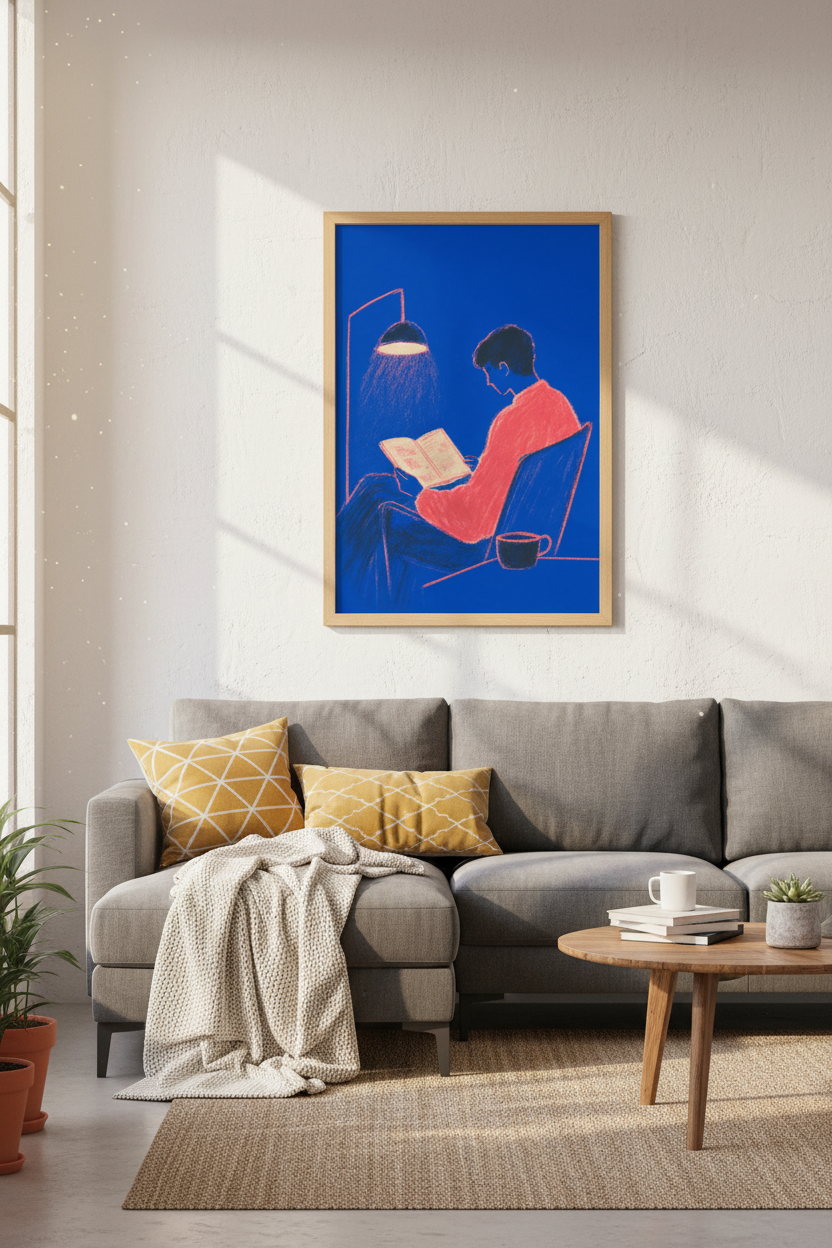 Reading Man Wall Art Print | Blue &amp; Pink Minimalist Decor | Book Lover Poster
