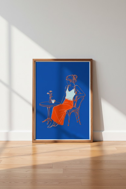 Minimalist Cafe Woman Wall Art | Blue &amp; Orange Sketch, Modern Home Decor