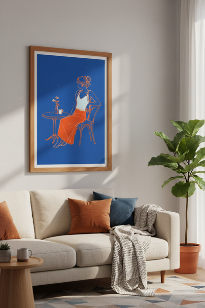 Minimalist Cafe Woman Wall Art | Blue &amp; Orange Sketch, Modern Home Decor