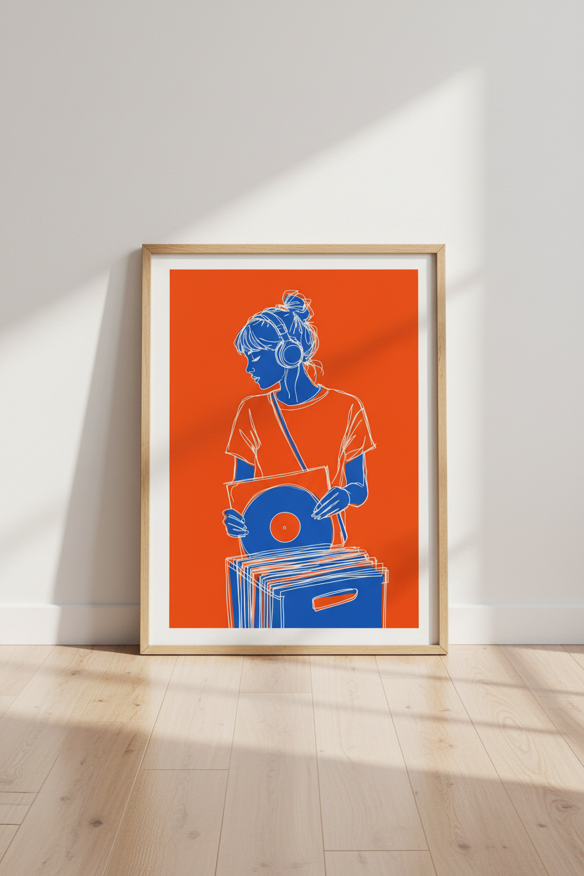 Vinyl Girl Record Art Print | Music Room Decor | Blue &amp; Orange Poster