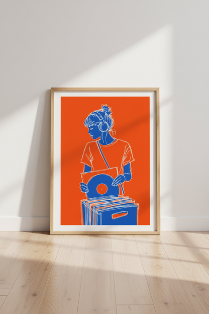 Vinyl Girl Record Art Print | Music Room Decor | Blue &amp; Orange Poster