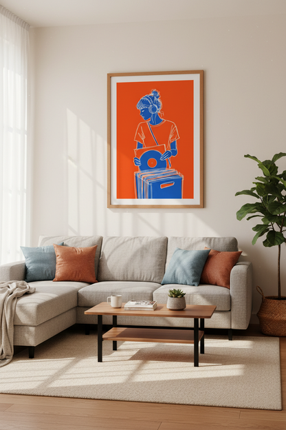 Vinyl Girl Record Art Print | Music Room Decor | Blue &amp; Orange Poster