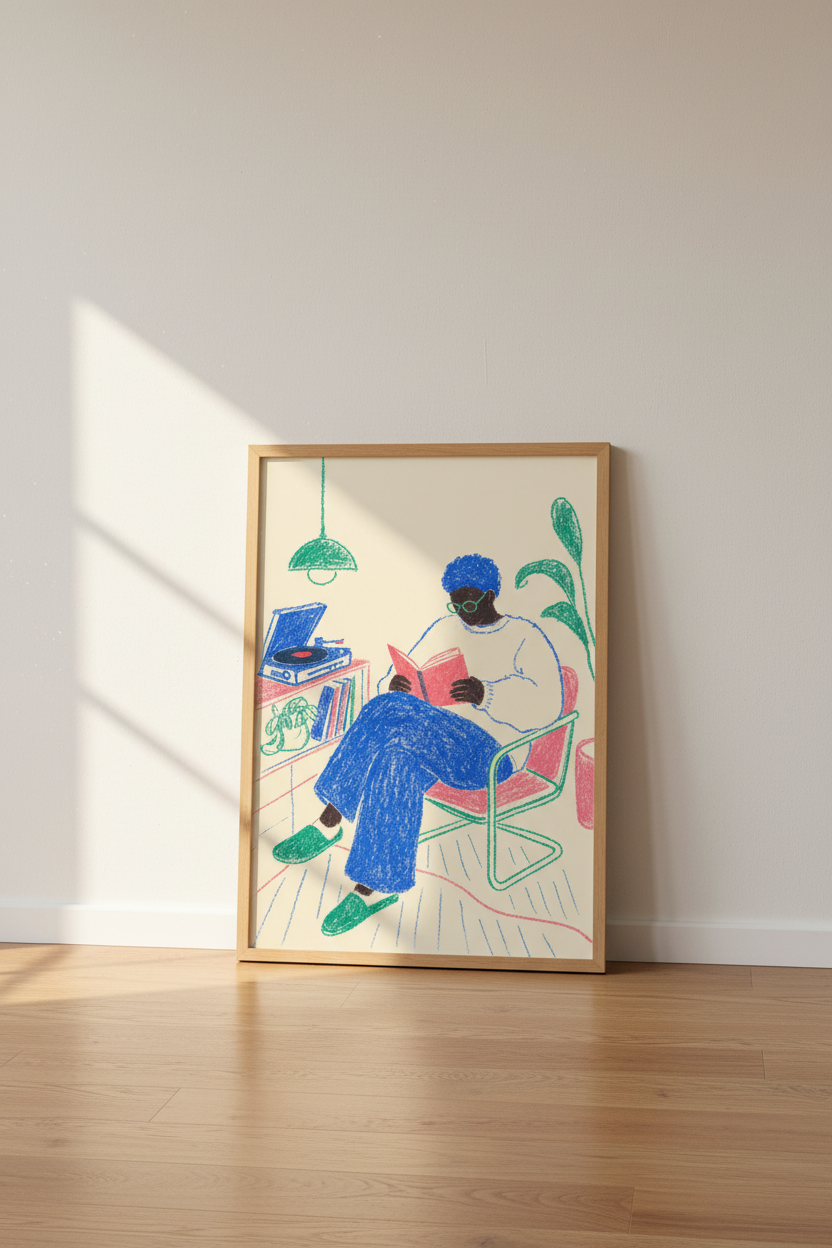 Reading Man Wall Art Print | Music &amp; Books Room Decor | Modern Aesthetic Poster