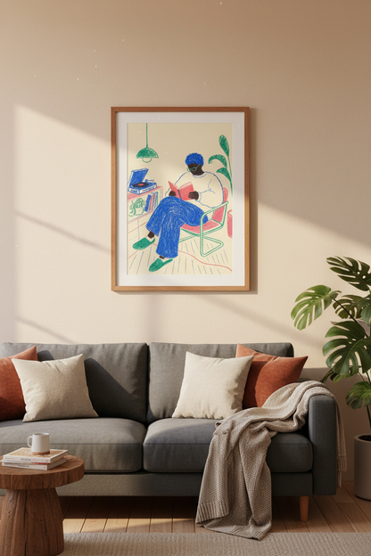 Reading Man Wall Art Print | Music &amp; Books Room Decor | Modern Aesthetic Poster