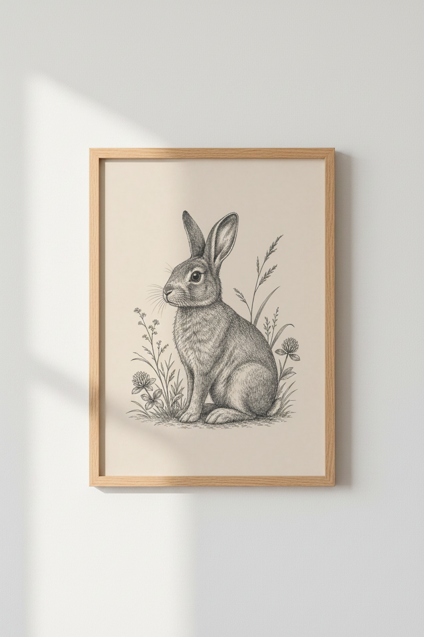 Vintage Bunny Rabbit Wall Art | Meadow Hare Sketch, Woodland Nursery Decor