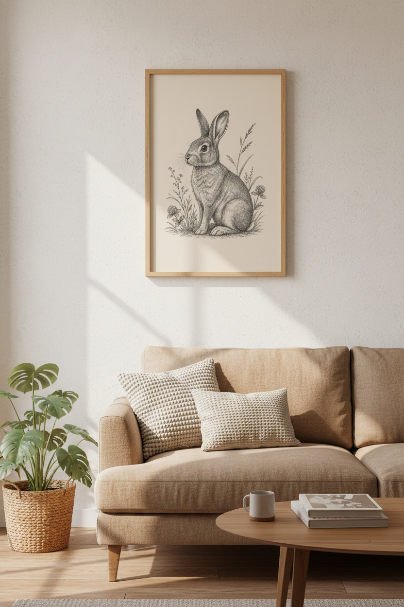 Vintage Bunny Rabbit Wall Art | Meadow Hare Sketch, Woodland Nursery Decor