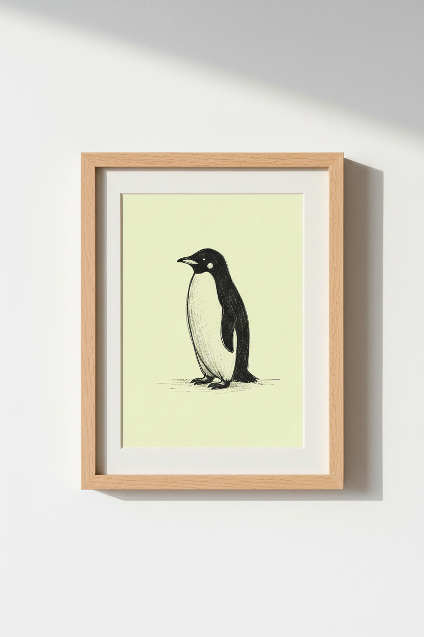 Minimalist Penguin Wall Art Print | Living Room Decor | Pale Yellow Poster