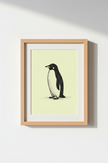 Minimalist Penguin Wall Art Print | Living Room Decor | Pale Yellow Poster