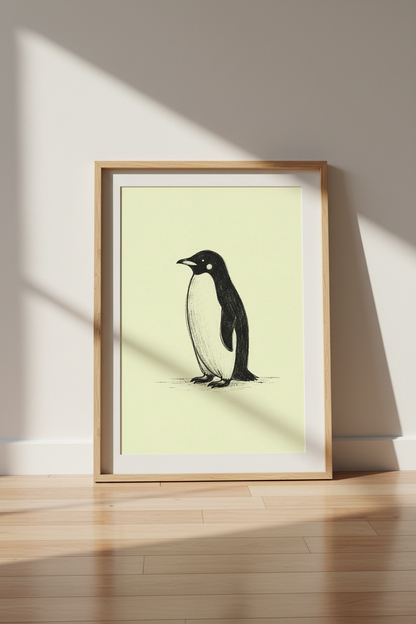 Minimalist Penguin Wall Art Print | Living Room Decor | Pale Yellow Poster