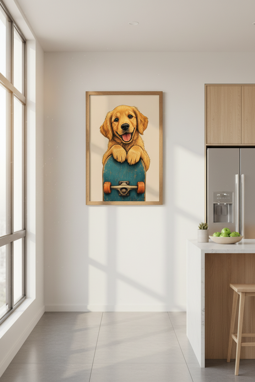 Golden Retriever Dog Art Print | Skateboard Puppy Poster | Nursery &amp; Playroom Wall Decor