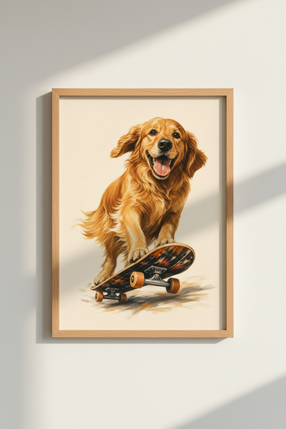 Golden Retriever Art Print | Dog on Skateboard Poster, Nursery &amp; Kids Room Wall Decor