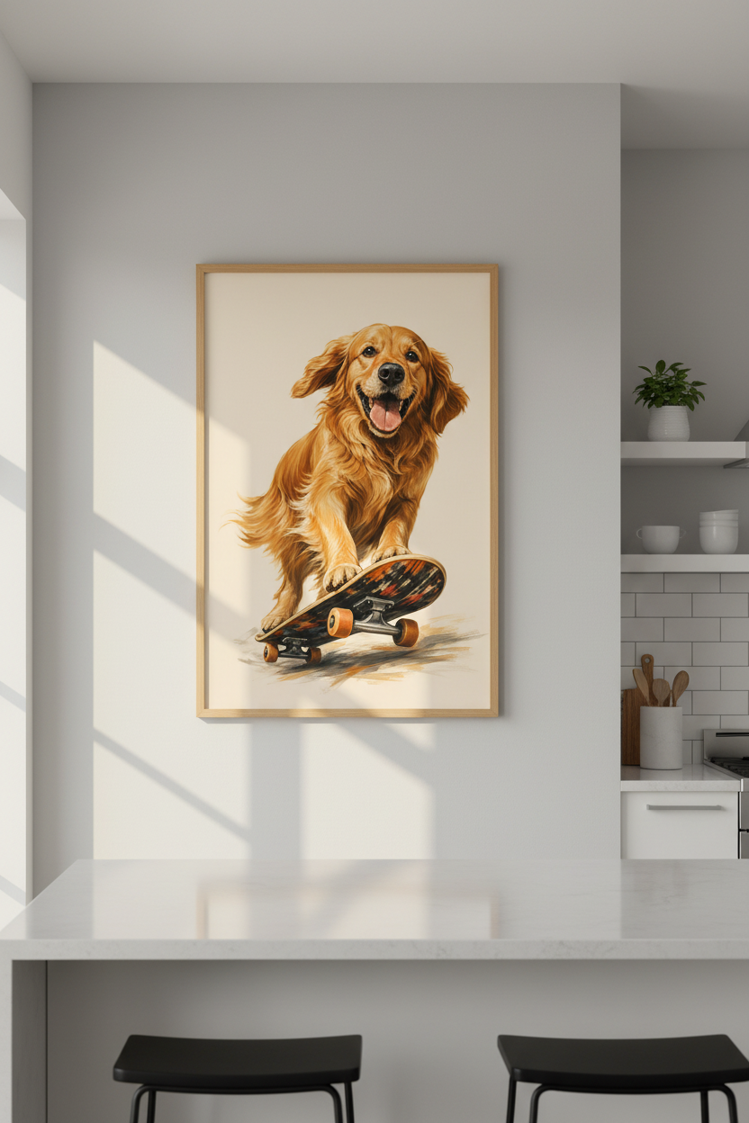 Golden Retriever Art Print | Dog on Skateboard Poster, Nursery &amp; Kids Room Wall Decor