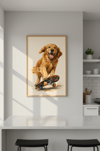 Golden Retriever Art Print | Dog on Skateboard Poster, Nursery &amp; Kids Room Wall Decor