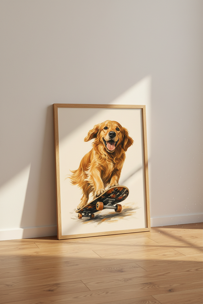 Golden Retriever Art Print | Dog on Skateboard Poster, Nursery &amp; Kids Room Wall Decor