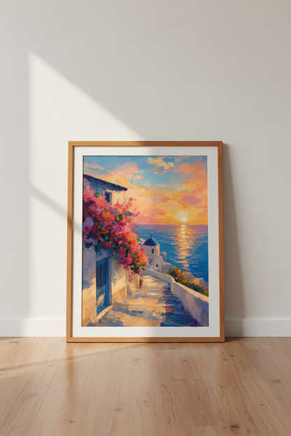 Santorini Sunset Oil Painting | Greek Coastal Decor | Impressionist Poster