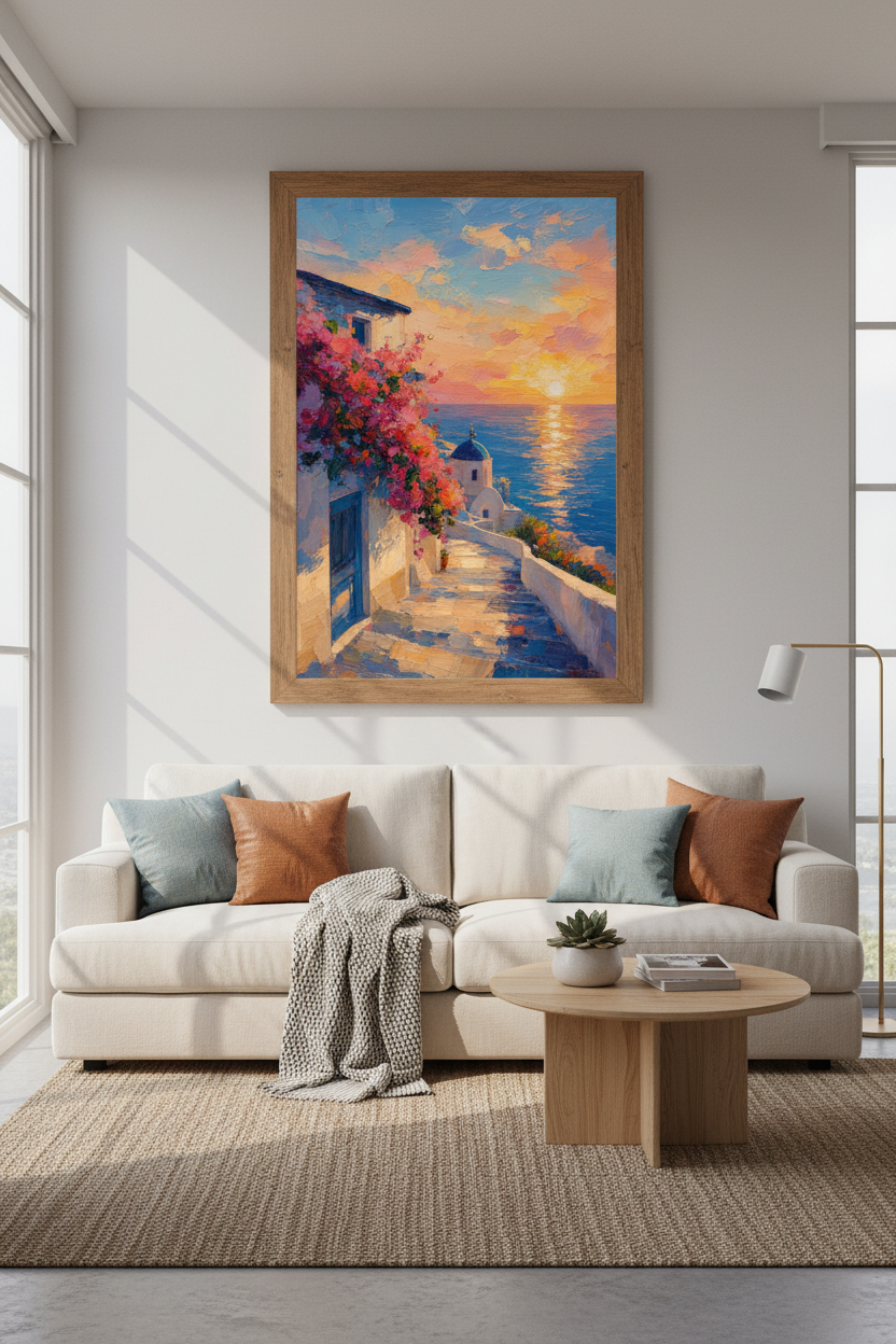 Santorini Sunset Oil Painting | Greek Coastal Decor | Impressionist Poster