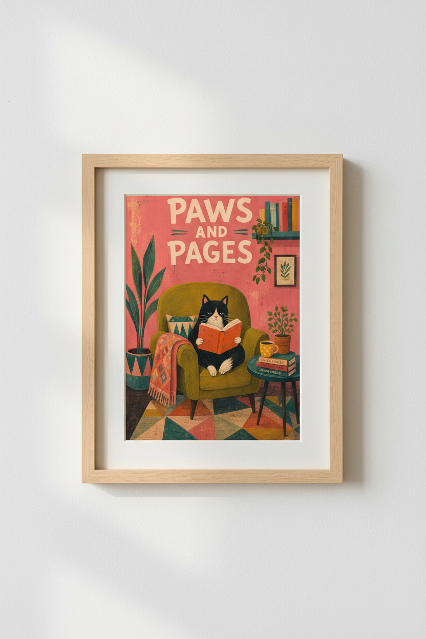 Black Cat Book Club Art Print | Whimsical Library Decor | Mid Century Modern Poster