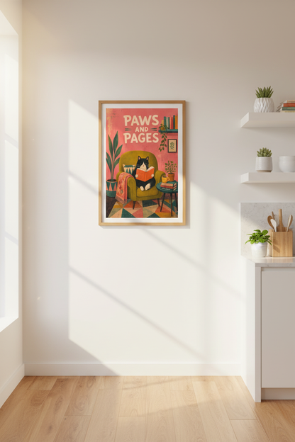 Black Cat Book Club Art Print | Whimsical Library Decor | Mid Century Modern Poster