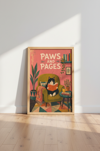 Black Cat Book Club Art Print | Whimsical Library Decor | Mid Century Modern Poster