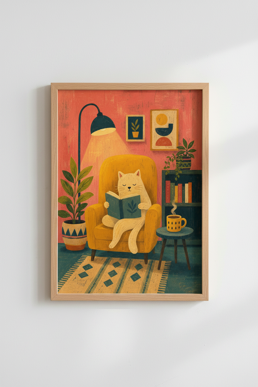 Cozy Cat Reading Wall Art | Boho Library Decor | Whimsical Animal Poster