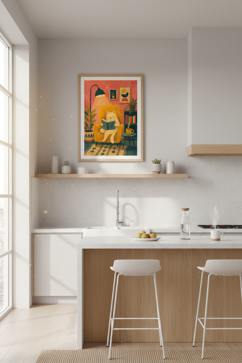 Cozy Cat Reading Wall Art | Boho Library Decor | Whimsical Animal Poster